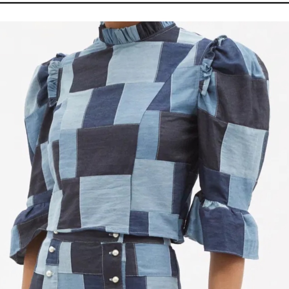 Batsheva Ruffled Patchwork-Denim Cropped Top Size US 4
